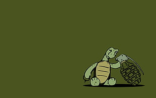 illustration of green turtle holding green grenade with removed pin